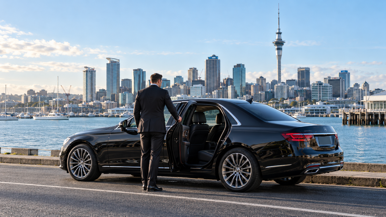 Private black chauffeur car by Auckland waterfront with the Sky Tower behind it