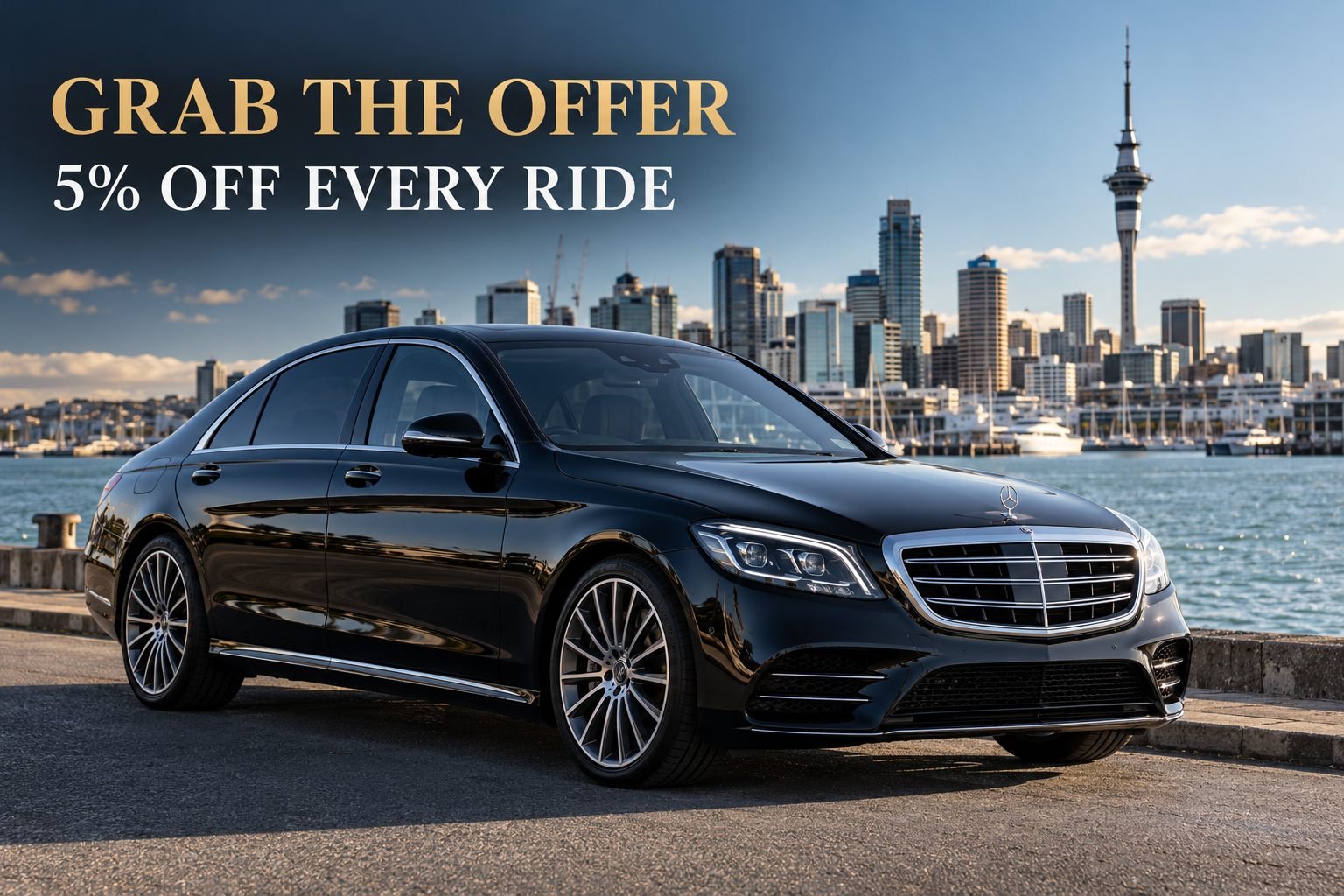GoBlackTransfer offer: grab 5% off every ride, with an illustrated luxury sedan in Auckland